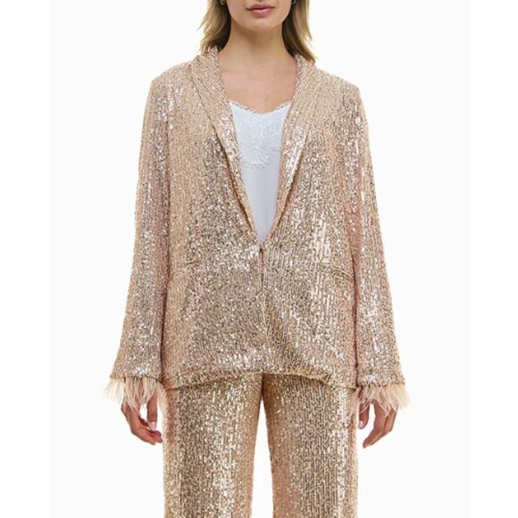 Nicole Miller Charlotte Allover Sequin Feather Trimmed Jacket Size Small‎ Gold - Picture 1 of 10